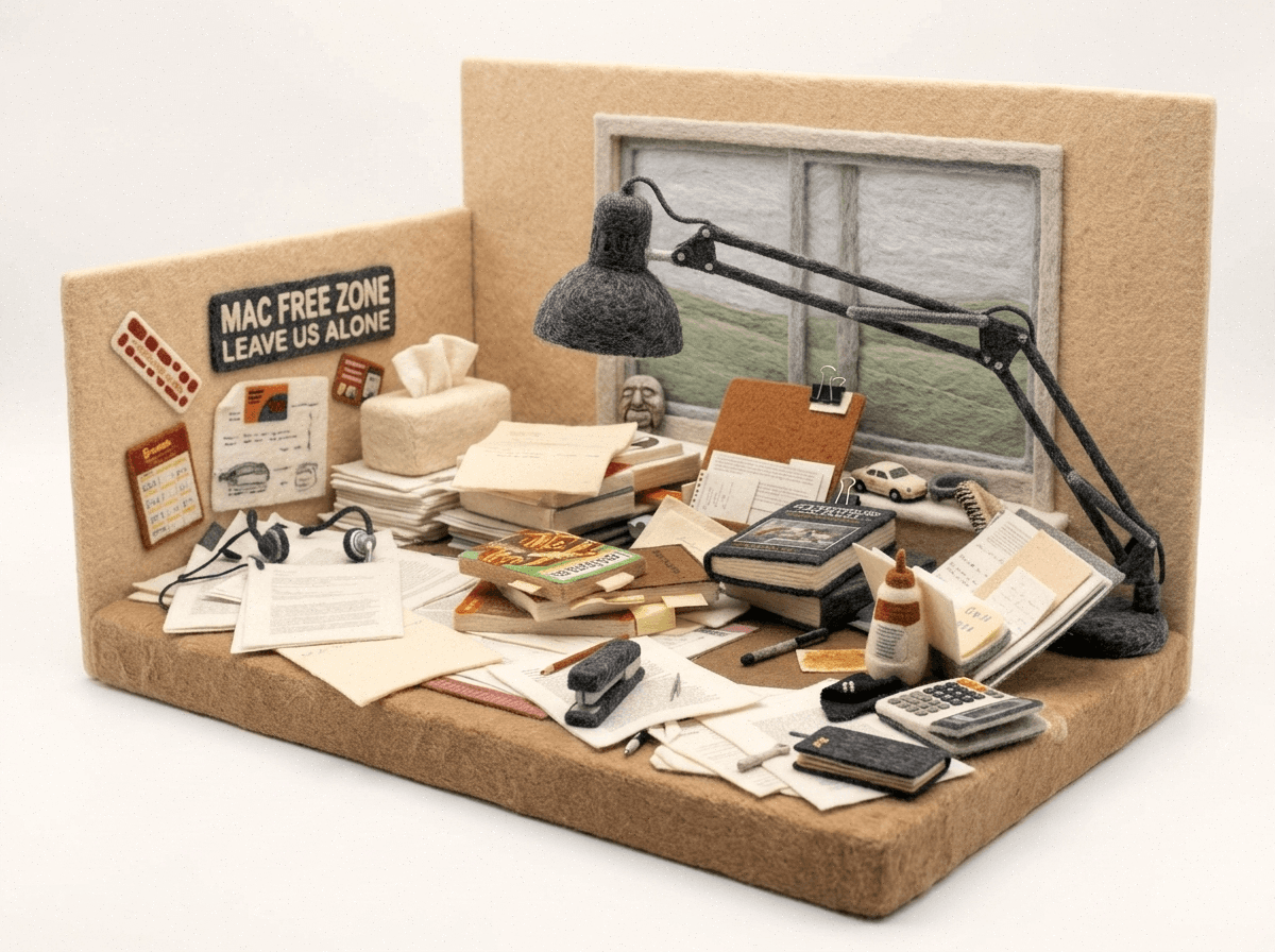 A chaotic needle-felted desk overwhelmed with scattered papers